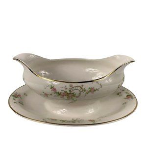 Pope Gosser Gwendolyn Gravy Boat Underplate Pink Roses Gray Scrolls Cottagecore